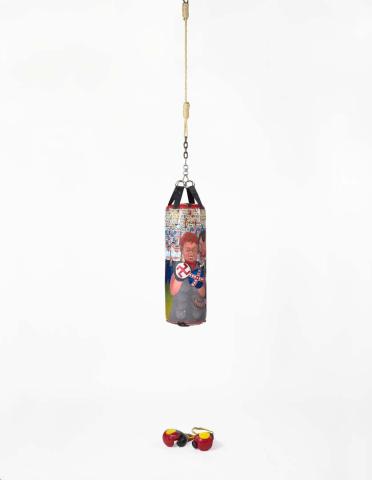 Artwork King hit (for Queen and Country) this artwork made of Synthetic polymer paint and oil on leather punching bag and gloves with steel swivel and rope noose, created in 1999-01-01