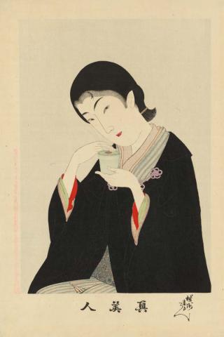 Artwork Beauty holding a censor in her hand, enjoying the smell of burning incense (from 'Shin bijin' (New beauties) series) this artwork made of Colour woodblock print on paper, created in 1897-01-01