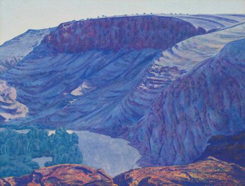 Artwork (Central Australian landscape) this artwork made of Watercolour over pencil on paper on cardboard, created in 1947-01-01