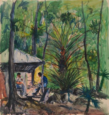 Artwork Hut in the bush, North Qld this artwork made of Watercolour over pencil on paper, created in 1946-01-01