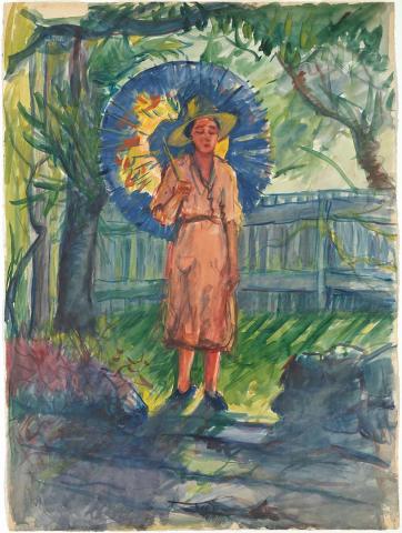 Artwork Woman with blue parasol this artwork made of Watercolour over pencil on paper, created in 1948-01-01
