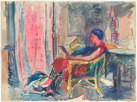 Artwork (Woman reading) this artwork made of Watercolour over pencil on paper, created in 1940-01-01