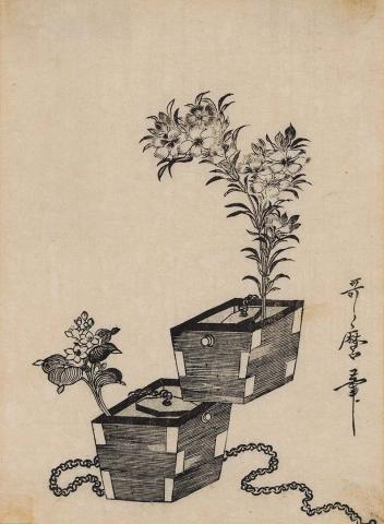 Artwork Peach blossom and suisen in bucket-shaped vases this artwork made of Woodblock print on paper, created in 1800-01-01