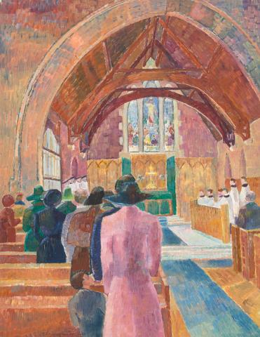 Artwork Church interior this artwork made of Oil with pencil on pulpboard, created in 1941-01-01
