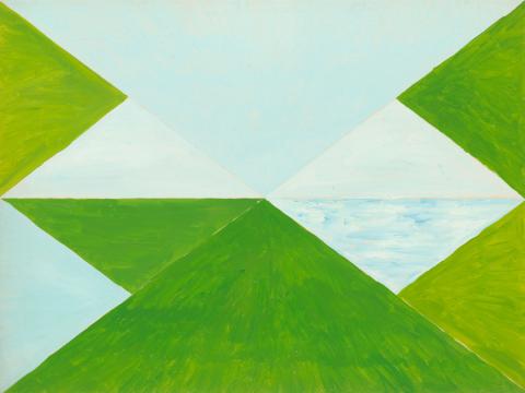 Artwork Untitled (blue/green triangles) this artwork made of Synthetic polymer paint with pencil on paper, created in 1977-01-01