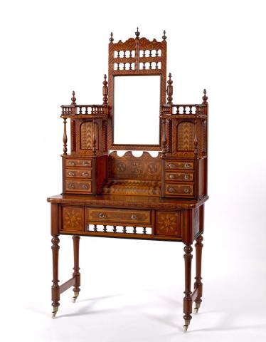 Artwork Dressing table this artwork made of Various Queensland timbers inlaid and turned, with mirror, glass knobs and ceramic casters, created in 1890-01-01