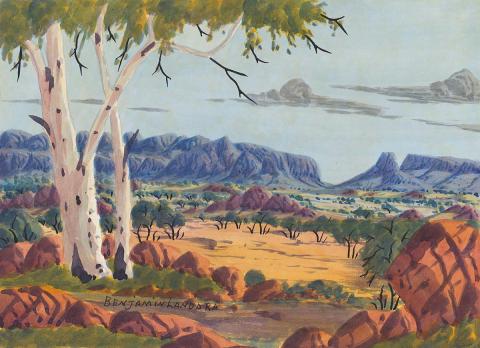 Artwork MacDonnell Ranges this artwork made of Watercolour over pencil on smooth wove paper on cardboard, created in 1955-01-01
