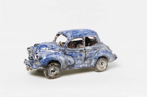 Artwork Morris Minor this artwork made of Hand-built white earthenware, underpainted with black glaze stain, glazed with clear frit with a small percentage of cobalt carbonate, created in 1967-01-01