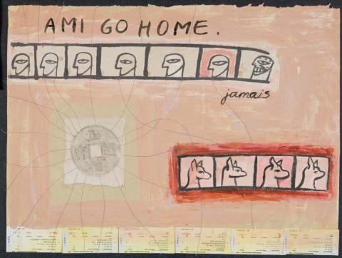 Artwork Ami go home this artwork made of Ink, synthetic polymer paint, pencil and cotton thread on paper, created in 1997-01-01
