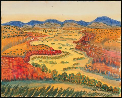 Artwork (Blue mountains in background) this artwork made of Watercolour over pencil on paper, created in 1959-01-01