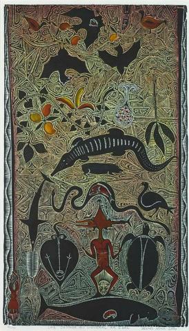 Artwork Malu lag a dapar - A urungu aidal (Sea, land and air creatures) this artwork made of Linocut, hand-coloured on BFK Rives paper, created in 2000-01-01