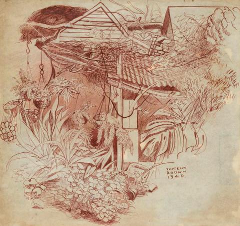 Artwork Backyard this artwork made of Pen and red ink with red ink wash and red pencil on paper, created in 1940-01-01