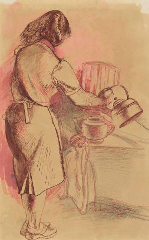 Artwork Figure with a kettle this artwork made of Pen and red ink on paper, created in 1940-01-01