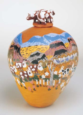 Artwork Pot: Cows this artwork made of Earthenware, hand-built terracotta clay with underglaze colours