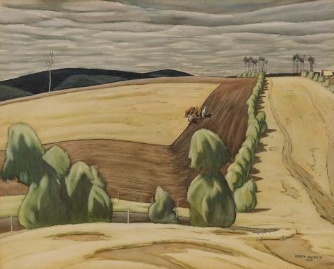 Artwork Ploughing the boundary this artwork made of Watercolour with pencil, heightened with white on paper adhered to cardboard, created in 1928-01-01