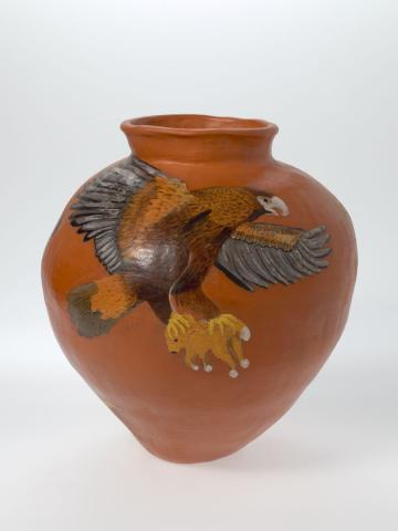 Artwork Pot:  Eeritja (Eagle) this artwork made of Earthenware, hand-built terracotta clay with underglaze colours, created in 2001-01-01