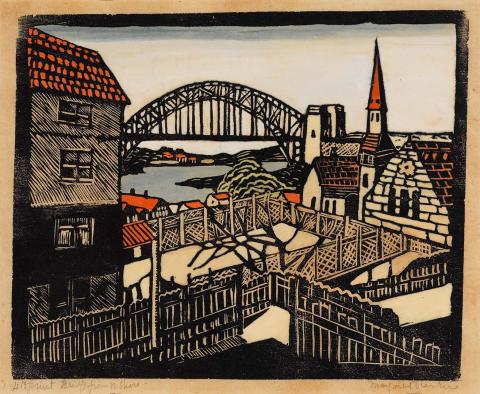 Artwork Bridge from North Shore this artwork made of Woodcut, hand-coloured on paper, created in 1931-01-01