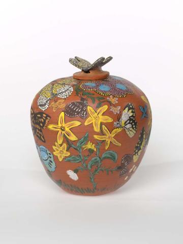 Artwork Pot:  (Butterfly) this artwork made of Earthenware, hand-built terracotta clay with underglaze colours and applied decoration, created in 2002-01-01