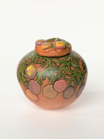 Artwork Pot:  (Bush orange) this artwork made of Earthenware, hand-built terracotta clay with underglaze colours and applied decoration, created in 2002-01-01