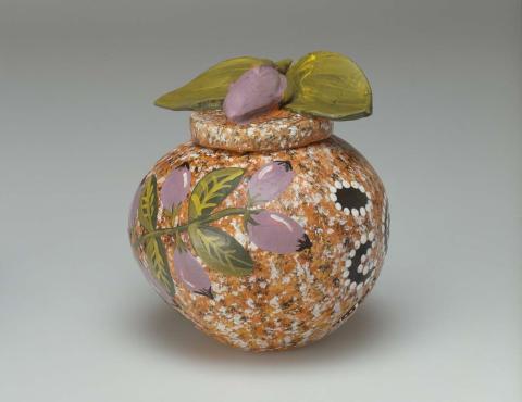 Artwork Pot:  Kuparda (Bush plum) this artwork made of Earthenware, hand-built terracotta clay with underglaze colours and applied decoration, created in 2002-01-01