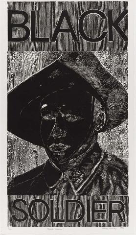 Artwork Black soldier (from 'My grandfather' series) this artwork made of Linocut on BFK Rives paper, created in 1994-01-01