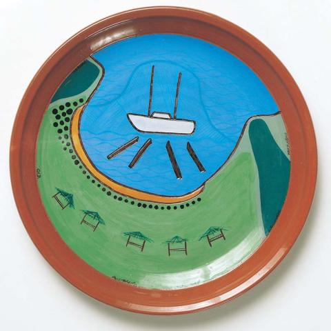 Artwork Yarrabah celebrates this artwork made of Earthenware, wheelthrown terracotta clay with underglaze colours beneath clear glaze and incised, created in 2002-01-01