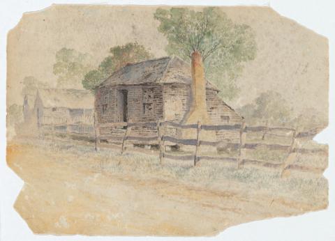Artwork Sketch for 'Slab cottage, Bowen Hills' this artwork made of Watercolour on paper, created in 1894-01-01