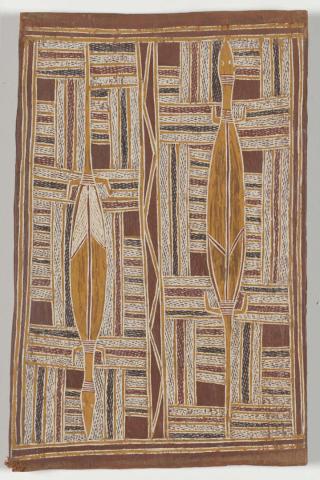 Artwork Djanda (Goanna) this artwork made of Natural pigments on eucalyptus bark, created in 1955-01-01