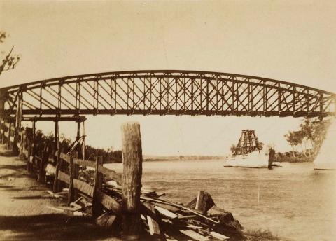 Artwork Construction of new Indooroopilly Bridge after floods this artwork made of Albumen photograph on paper, created in 1893-01-01