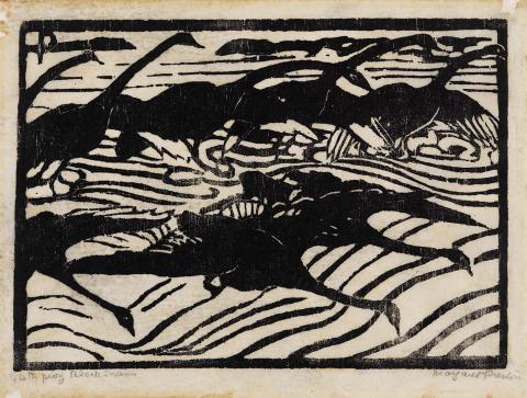 Artwork Black swans, Wallis Lake, NSW this artwork made of Woodcut on thin Japanese paper, created in 1923-01-01