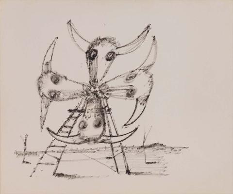 Artwork Windmill in drought forms this artwork made of Fibre-tipped pen on paper, created in 1955-01-01