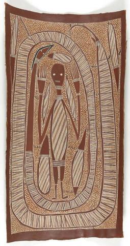 Artwork Warralawarrala man and Wititj (Olive python) this artwork made of Natural pigments on bark, created in 1997-01-01