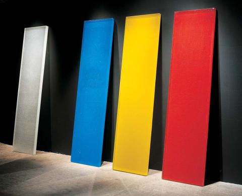 Artwork Clear, blue, yellow and red slabs this artwork made of Kiln-formed glass (colourless and three primary colours), created in 2001-01-01