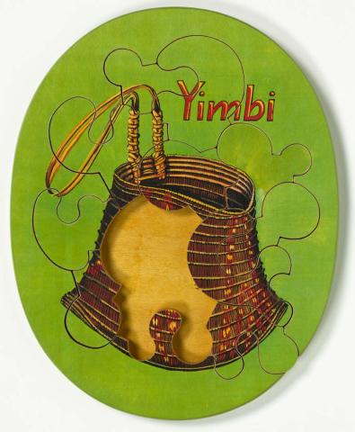 Artwork Yimbi (Bicornual basket) (incomplete) this artwork made of Colour laser copy, varnish and paint on composition board, created in 1991-01-01