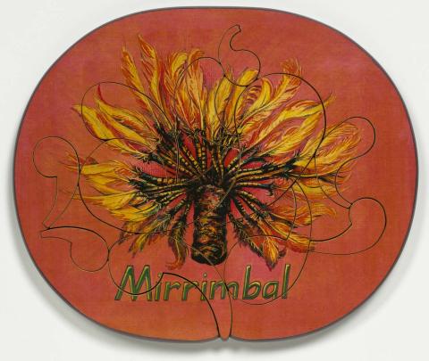 Artwork Mirrimbal (Feathered headpiece) this artwork made of Colour laser copy, varnish and paint on composition board, created in 1991-01-01