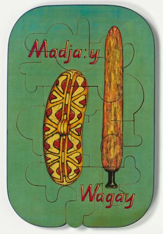 Artwork Madja:y wagay (Rainforest shield and sword) this artwork made of Colour laser copy, varnish and paint on composition board, created in 1991-01-01