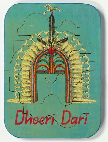 Artwork Dhoeri dari (Dance headdress) this artwork made of Colour laser copy, varnish and paint on composition board, created in 1991-01-01