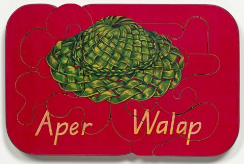 Artwork Aper walap (Woven hat) this artwork made of Colour laser copy, varnish and paint on composition board, created in 1991-01-01