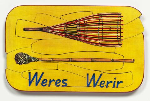Artwork Weres werir (Sardine scoop and beater) this artwork made of Colour laser copy, varnish and paint