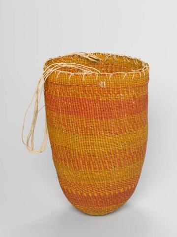 Artwork Mindirr (Basket) this artwork made of Twined pandanus palm leaf, natural dyes and bark fibre string, created in 2003-01-01