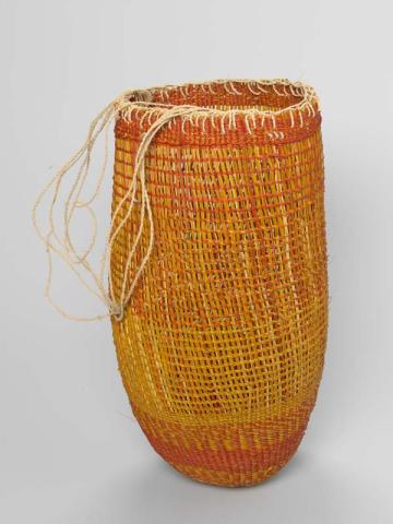 Artwork Mindirr (Basket) this artwork made of Twined pandanus palm leaf, natural dyes and bark fibre string, created in 2003-01-01