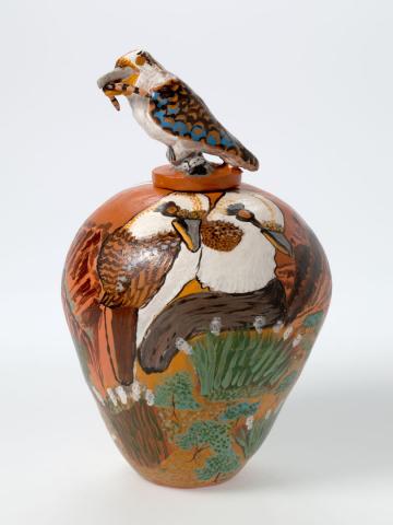 Artwork Pot:  Kookaburras this artwork made of Earthenware, hand-built terracotta clay with underglaze colours and applied decoration, created in 2004-01-01
