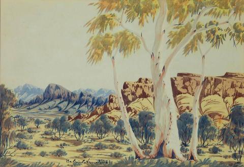 Artwork (Family of gums, Central Australia) this artwork made of Watercolour on paper, created in 1965-01-01