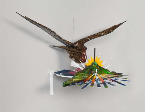 Artwork Waumer (Frigatebird) this artwork made of Plywood, synthetic polymer paint, black bamboo, plastic, fishing line