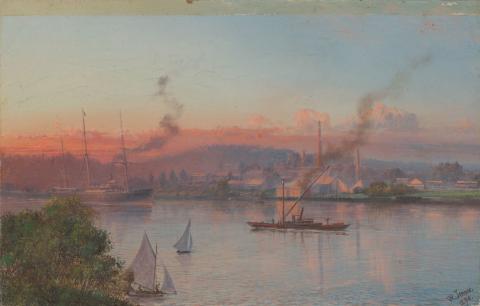 Sail boats docking into early Brisbane in the 19th century