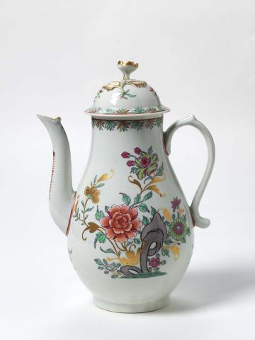 Artwork Coffee pot: (famille rose) this artwork made of Porcelain, soft-paste, baluster shape with overglaze colours in famille rose palette over light blue glaze. Gilt dentil rim, created in 1770-01-01