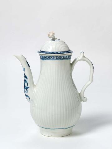 Artwork Reeded coffee pot this artwork made of Hard-paste porcelain slip-cast with reeded exterior and handpainted details in underglaze cobalt blue, created in 1758-01-01