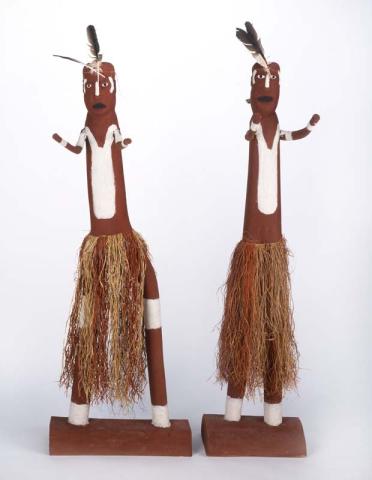 Artwork Kang'khan brothers this artwork made of Carved milkwood (Alstonia muellerana) with synthetic polymer paint, natural pigments, fibre, feathers and cotton thread