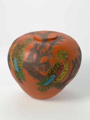 Artwork Pot:  Lorikeets this artwork made of Earthenware, hand-built terracotta clay with underglaze colours and applied decoration, created in 1996-01-01