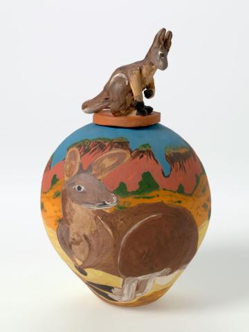 Artwork Pot:  Kangaroo this artwork made of Earthenware, hand-built terracotta clay with underglaze colours and applied decoration, created in 1996-01-01